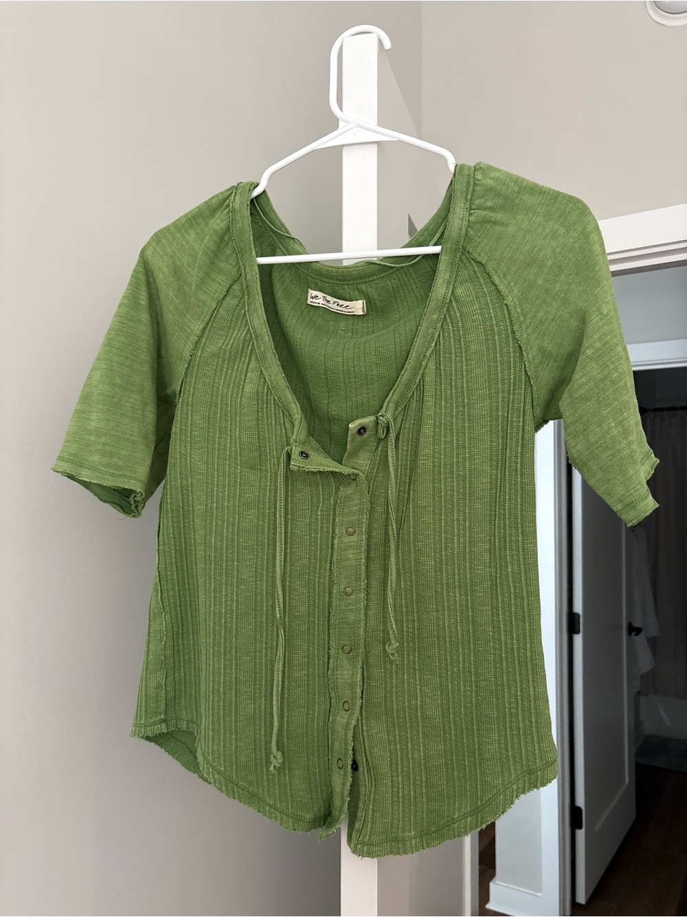 Free People We The Free Olive Green Button-Front Ribbed Tie Top